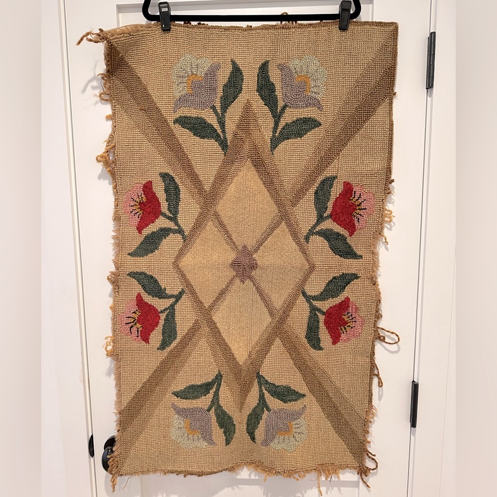 Vintage Rug w/ Tulip Flowers, Geometric Design, Primitive Antique